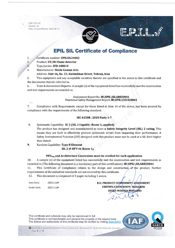 SIL2 Certificate-SFD-1000-Flame Detector